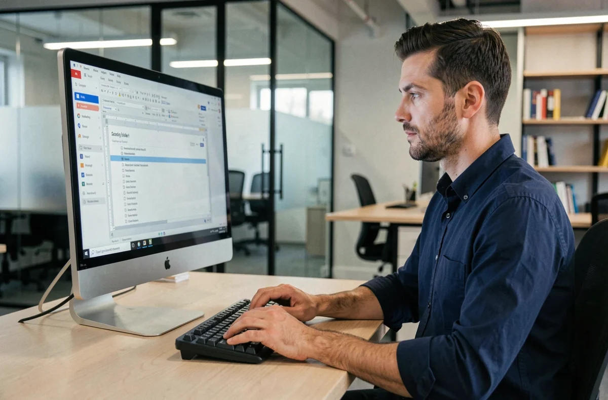 Homme professionnel créant une table des matières automatique sur Google Docs dans un espace de coworking