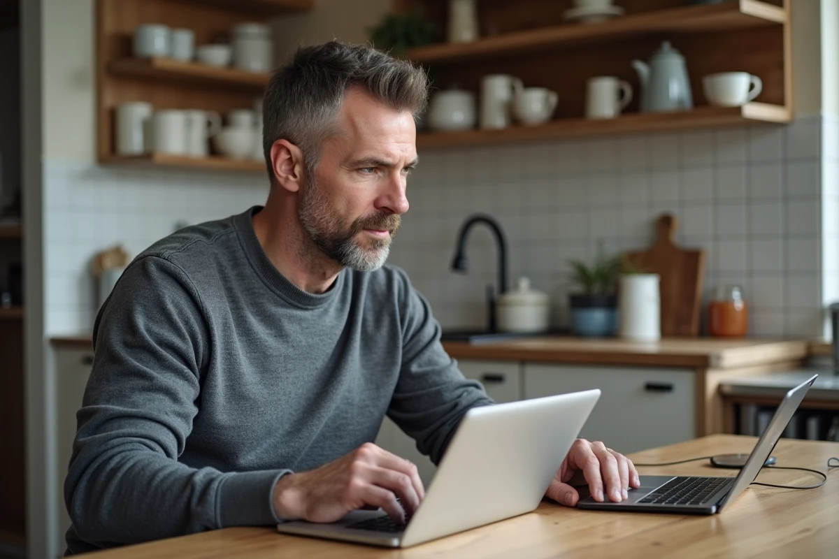 Homme à la maison utilisant sa tablette dans la cuisine
