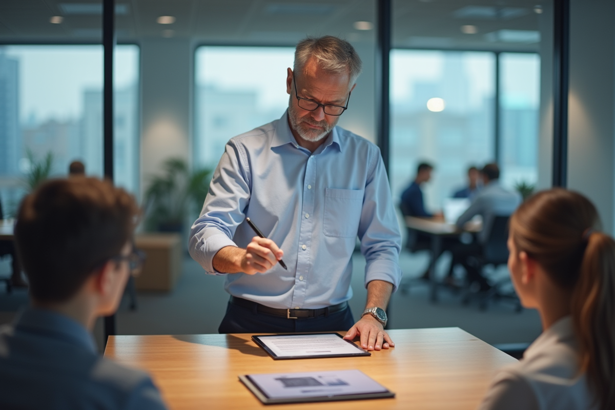 Homme montrant comment signer un PDF sur une tablette en réunion