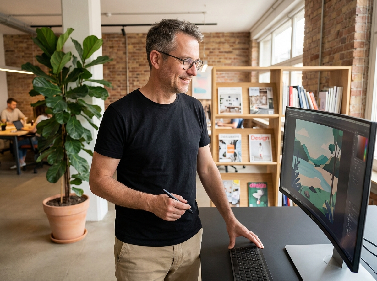 Homme avec tablette graphique dans un coworking moderne