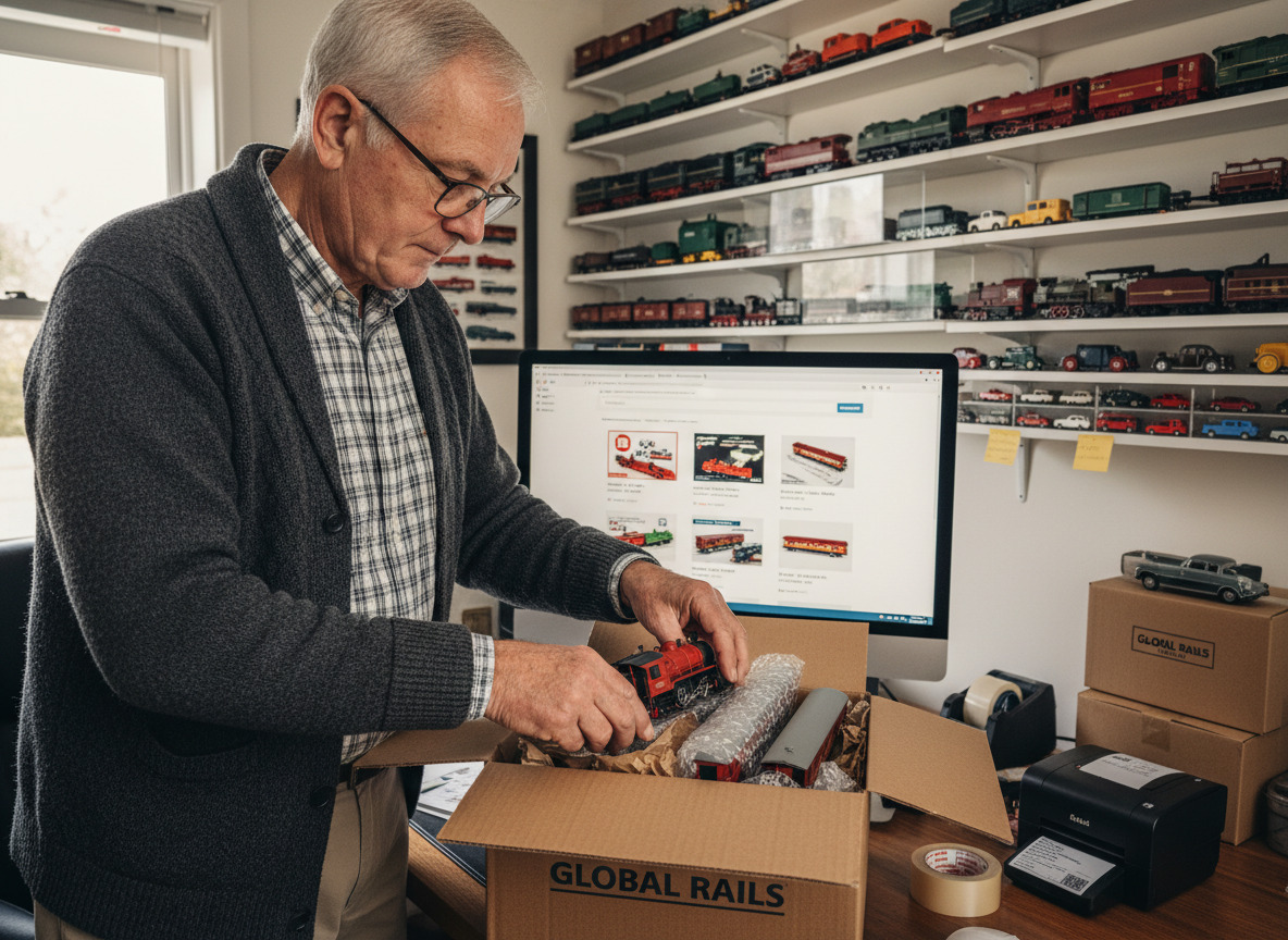Homme âgé emballant des trains miniatures dans un bureau organisé