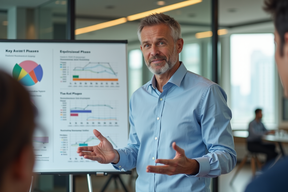 Expert SEO expliquant des graphiques devant un tableau blanc