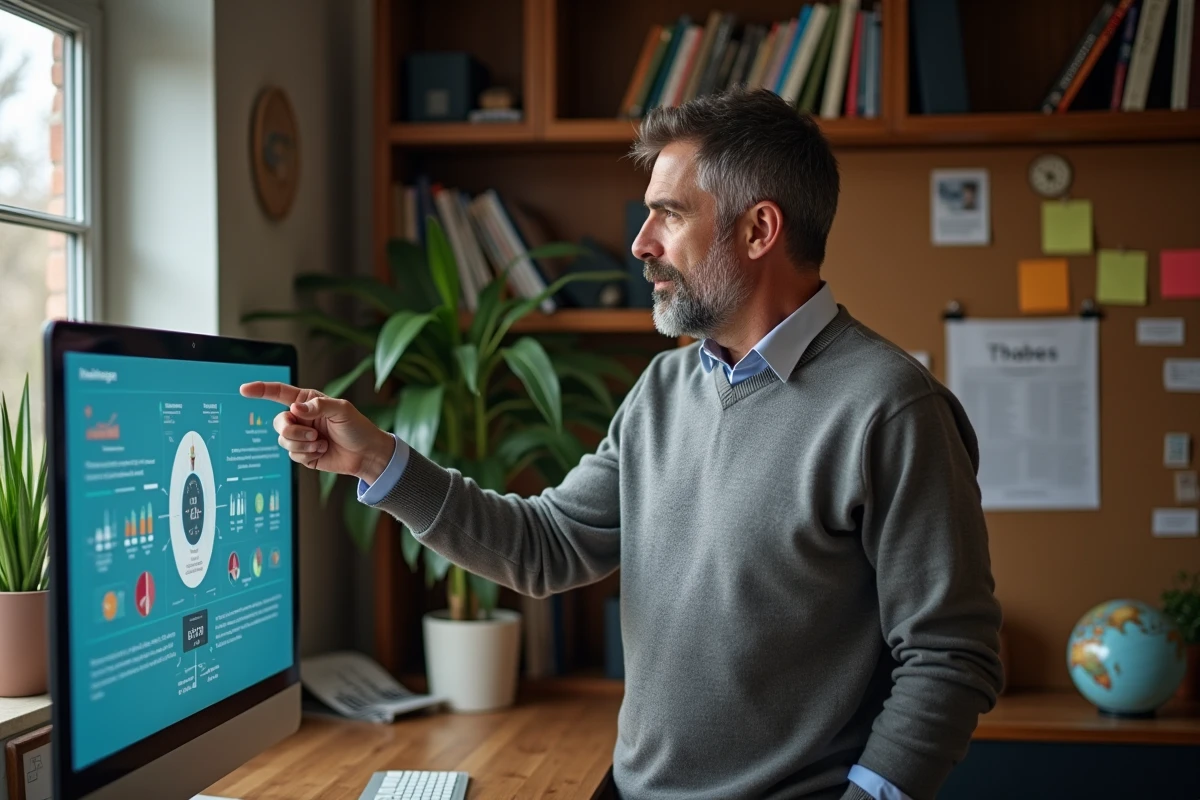 Homme dans un bureau à domicile pointant un écran infographique