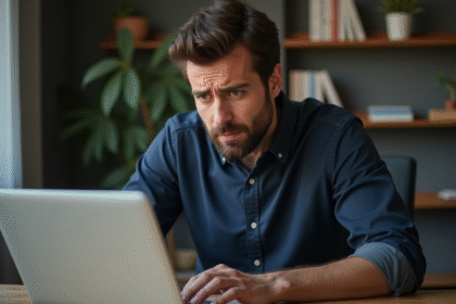 Homme inquiet regardant son ordinateur dans un bureau à domicile