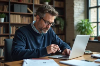Homme d'âge moyen insérant une clé USB dans un ordinateur portable