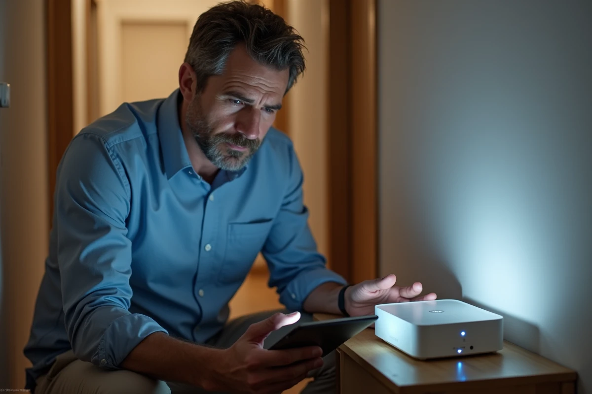 Homme vérifiant une box internet dans un couloir