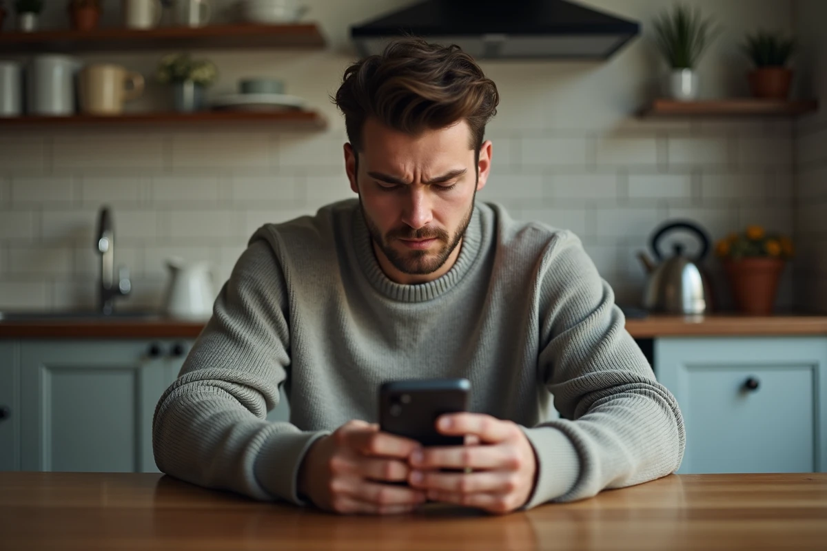 Homme seul regardant son smartphone dans la cuisine
