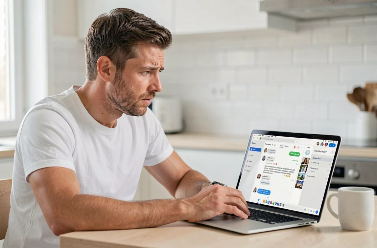 Homme consultant Messenger sur son ordinateur portable pour supprimer un sondage dans une conversation