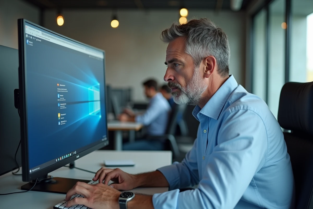 Homme en bureau professionnel explorant des navigateurs web alternatifs sur un grand écran de bureau