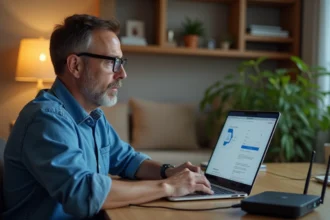 Homme d'âge moyen utilisant l'interface Freebox sur son ordinateur