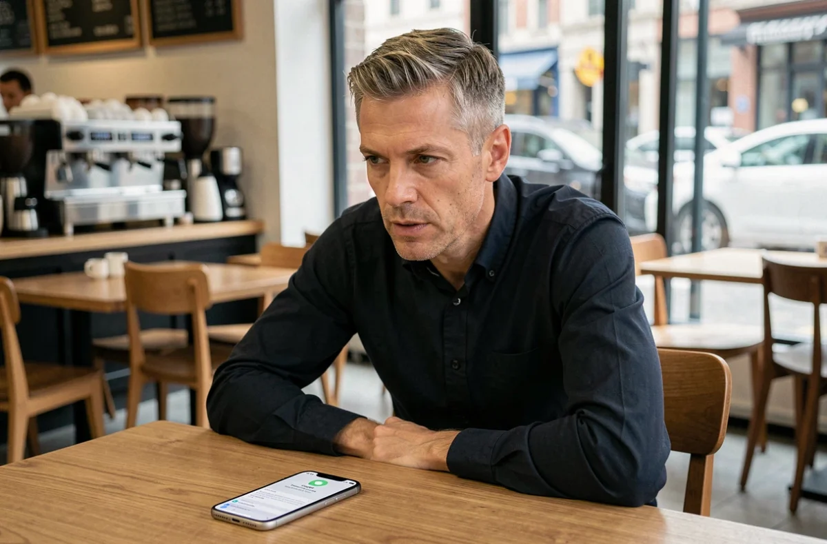 Homme consultant une notification de mise à jour iOS sur son iPhone dans un café urbain