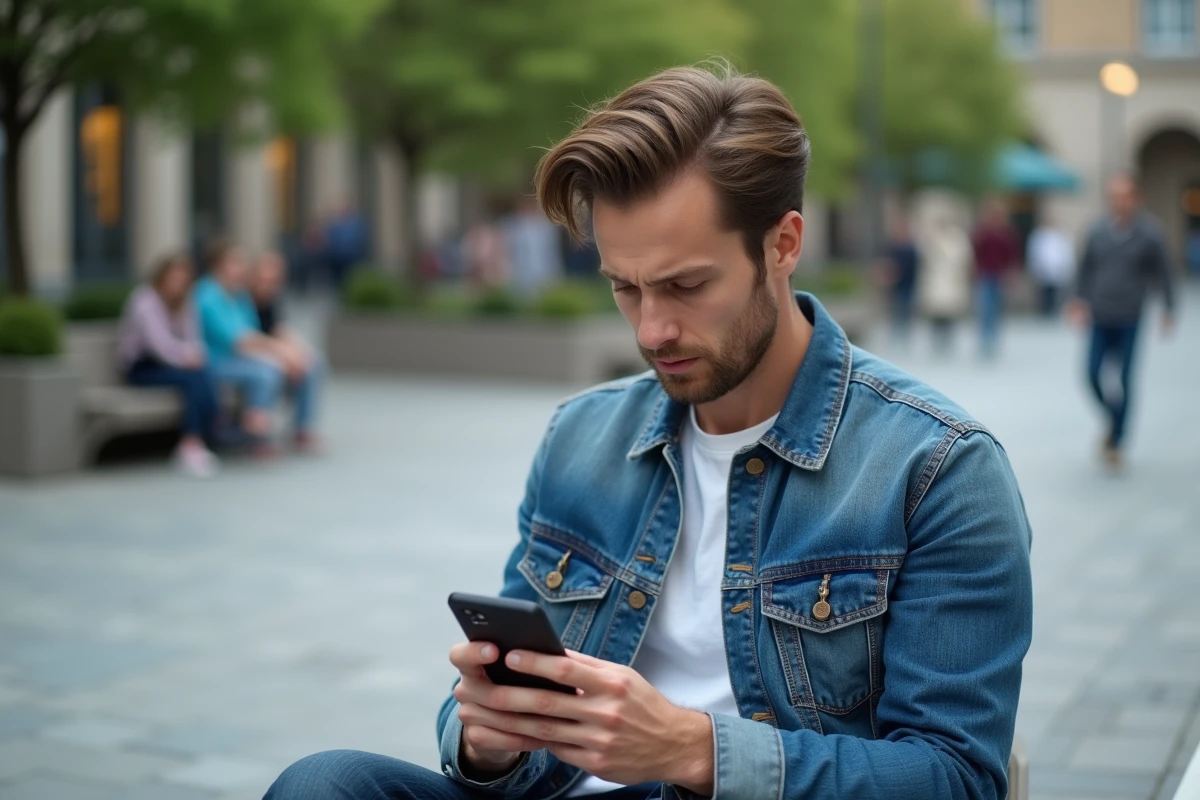 Jeune homme assis dans un espace public essayant de se connecter à internet via wifi sur son Android