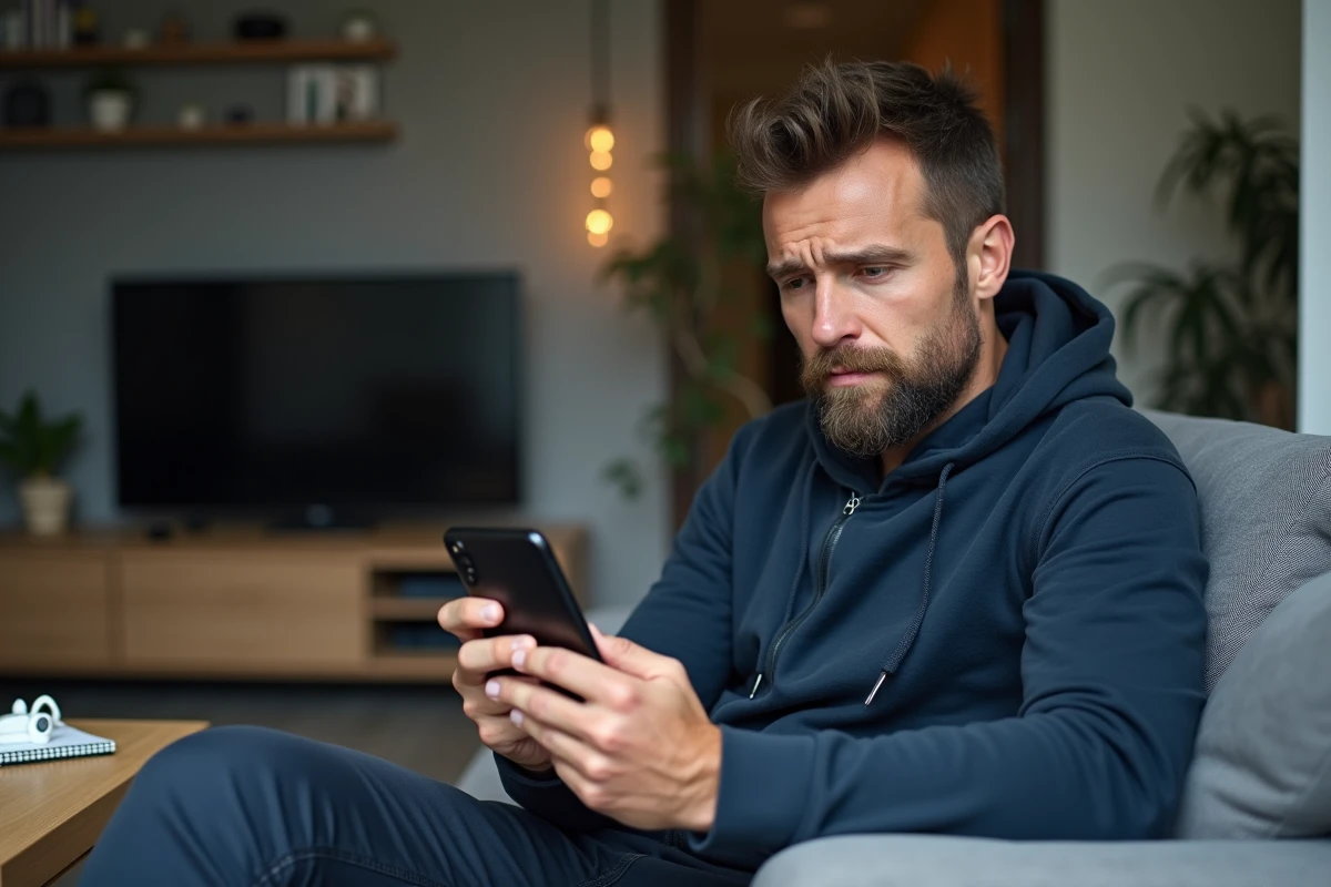 Homme perplexe consultant une application de streaming musical sur smartphone dans un salon moderne