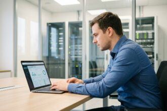 Jeune homme professionnel au bureau avec ordinateur