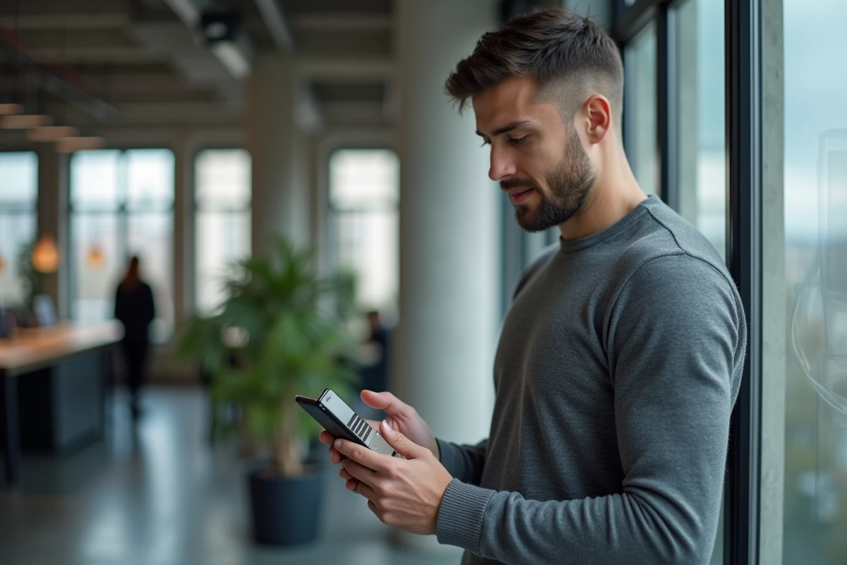 Homme professionnel utilisant un chatbot IA en français sur smartphone dans un espace de coworking parisien