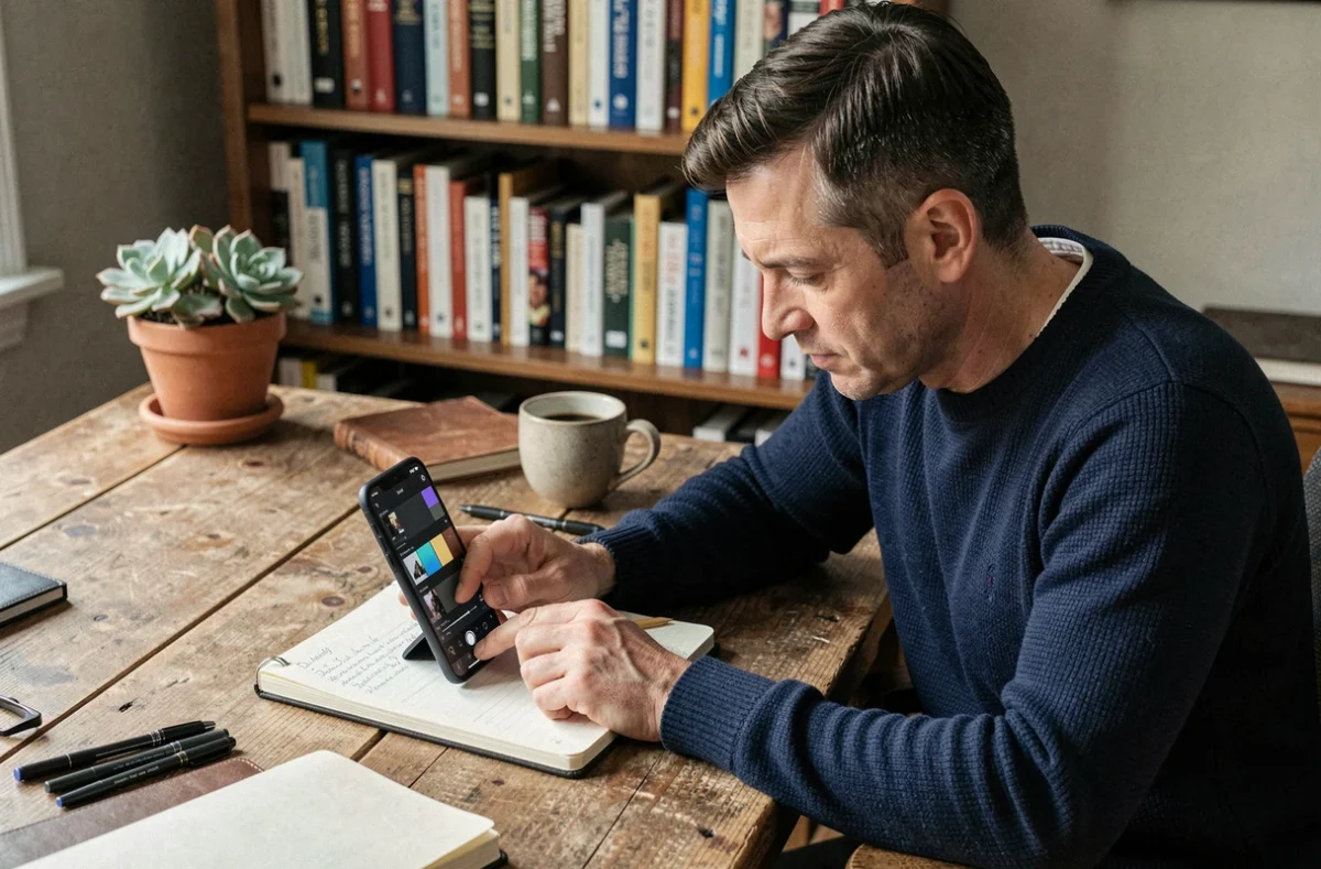 Homme consultant les réglages avancés de la caméra du Google Pixel 8 Pro assis à un bureau de travail à domicile