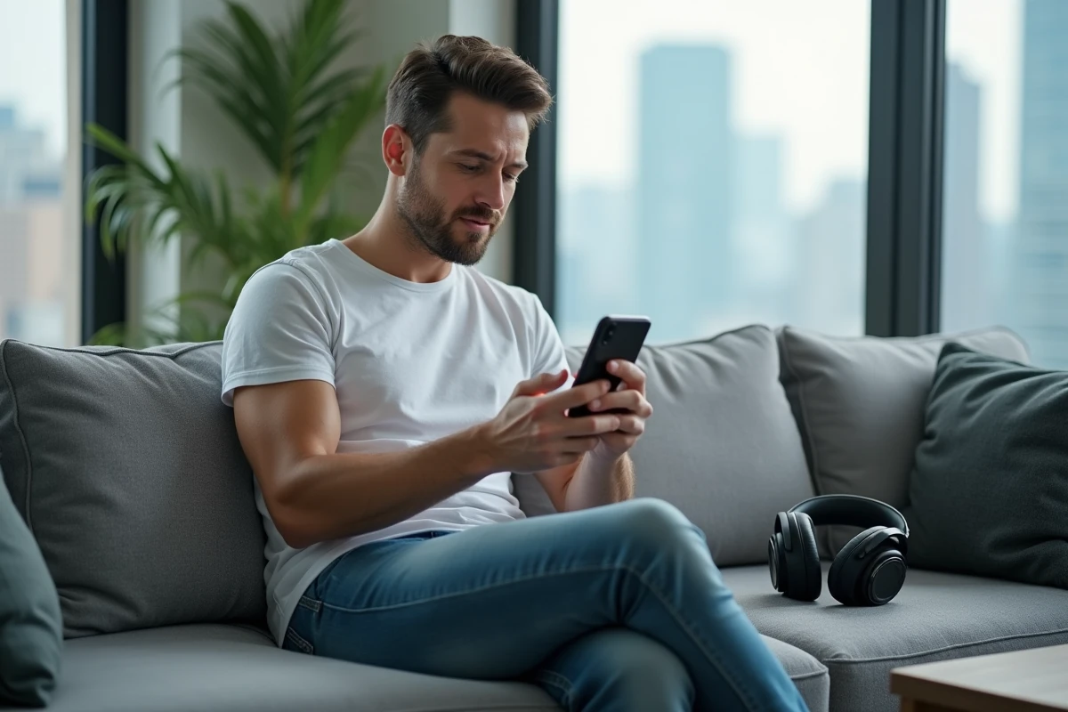 Homme téléchargeant de la musique YouTube en MP3 sur smartphone dans un appartement moderne