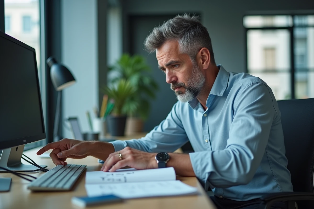 Homme concentré sur clavier dans un bureau moderne