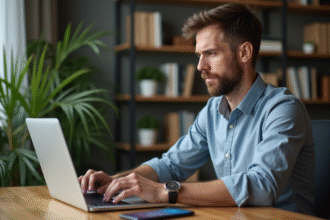 Homme d'âge moyen travaillant sur son ordinateur en home office