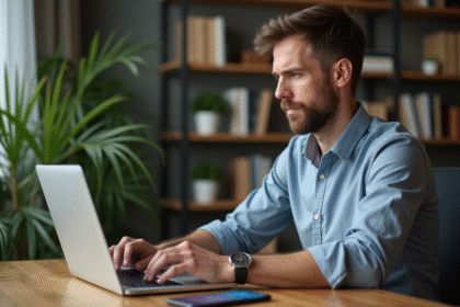 Homme d'âge moyen travaillant sur son ordinateur en home office