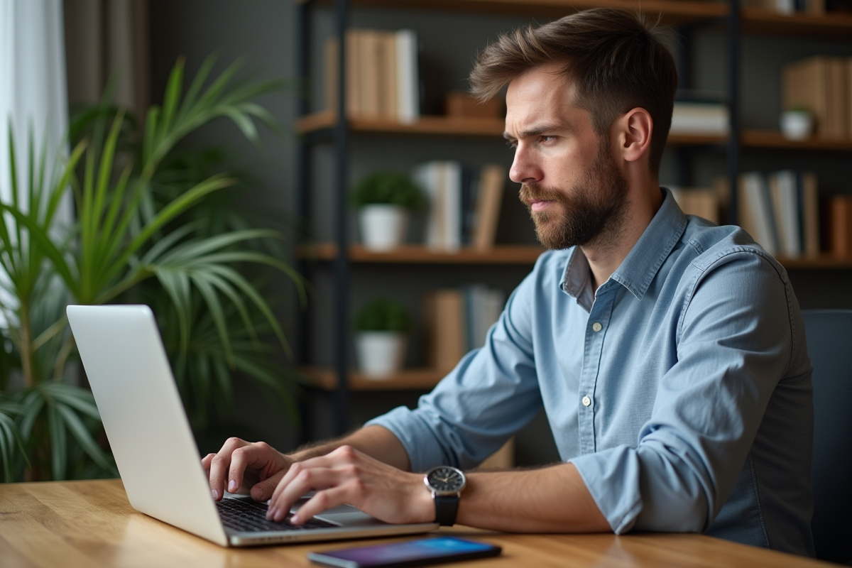 Homme d'âge moyen travaillant sur son ordinateur en home office