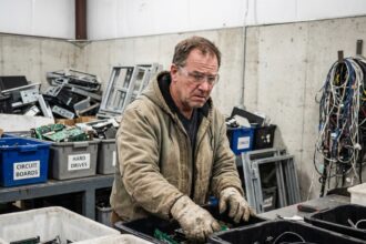 Homme en vêtements de travail triant des appareils électroniques