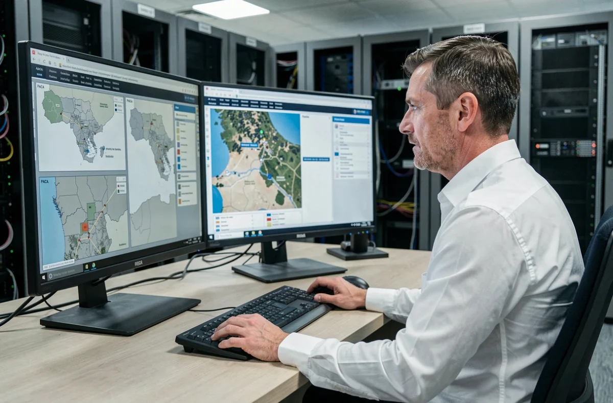 Ingénieur réseau gérant l'infogérance multi-sites en région PACA sur un tableau de bord d'infrastructure