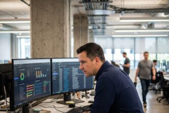Ingénieur IT masculin gérant des mises à jour de sécurité sur des écrans de tableau de bord de patch management dans un open space moderne