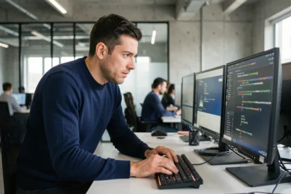 Ingénieur logiciel concentré travaillant sur un standard technologique dans un bureau moderne