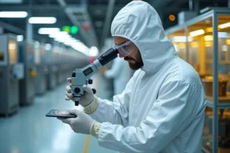 Ingénieur en salle blanche inspectant une plaquette de silicium utilisée dans la fabrication de capteurs MEMS avec couche métallique sous bosse