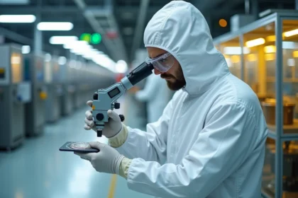 Ingénieur en salle blanche inspectant une plaquette de silicium utilisée dans la fabrication de capteurs MEMS avec couche métallique sous bosse
