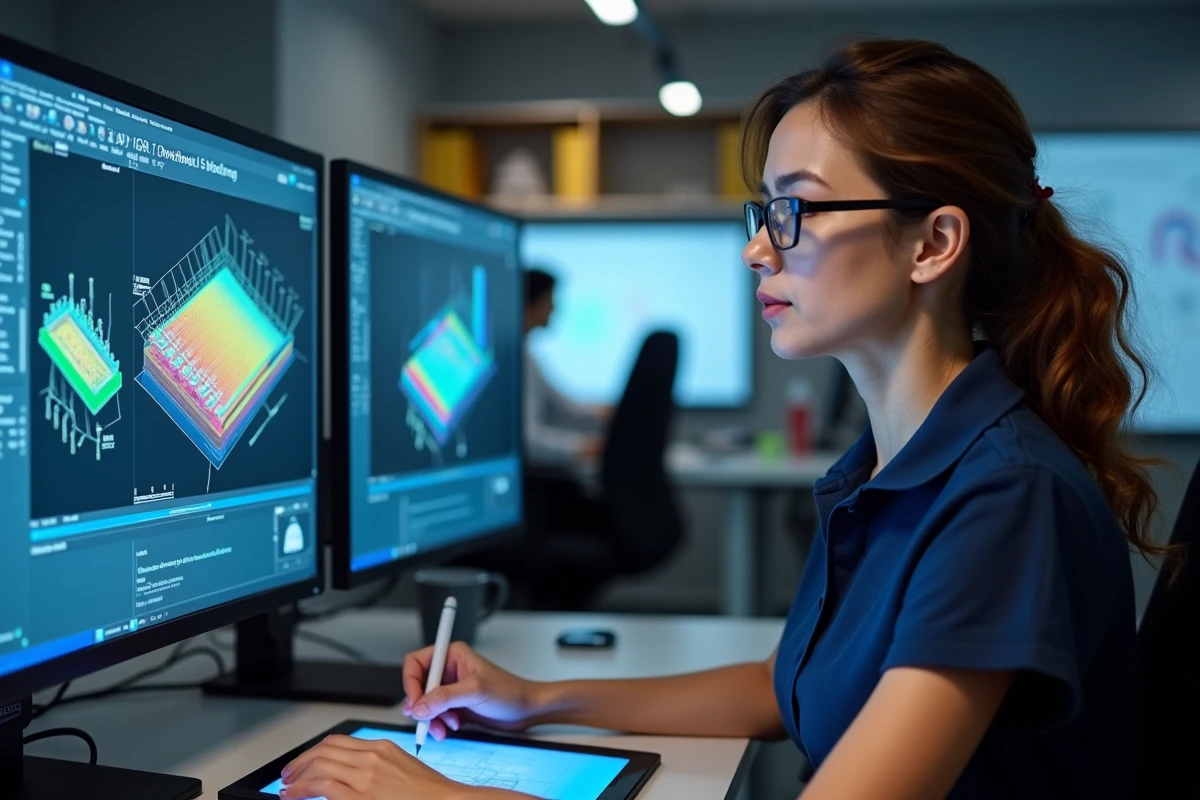 Ingénieure MEMS travaillant sur la conception de couches métalliques sous bosse dans un logiciel EDA sur poste de travail en bureau d'études