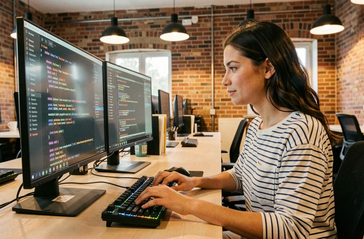 Développeuse logicielle codant sur un double écran dans un open space au style startup créatif