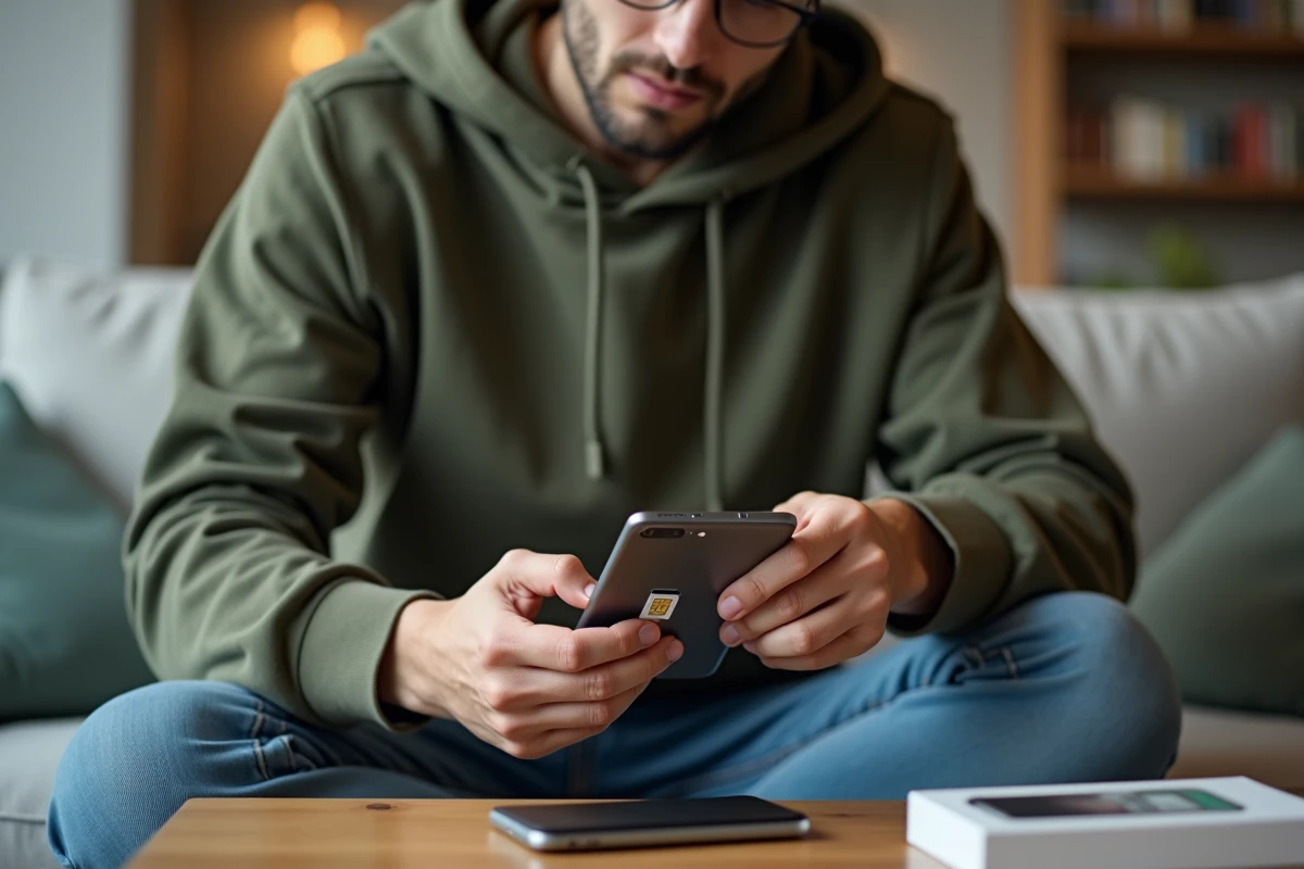 Personne insérant une carte SIM dans un nouveau smartphone Android posé sur un canapé gris clair