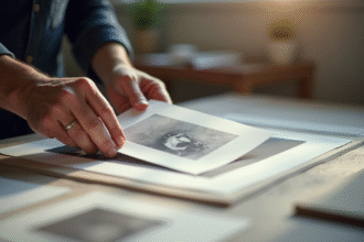 Mains d'imprimeur inspectant une photo d'art fraîchement imprimée
