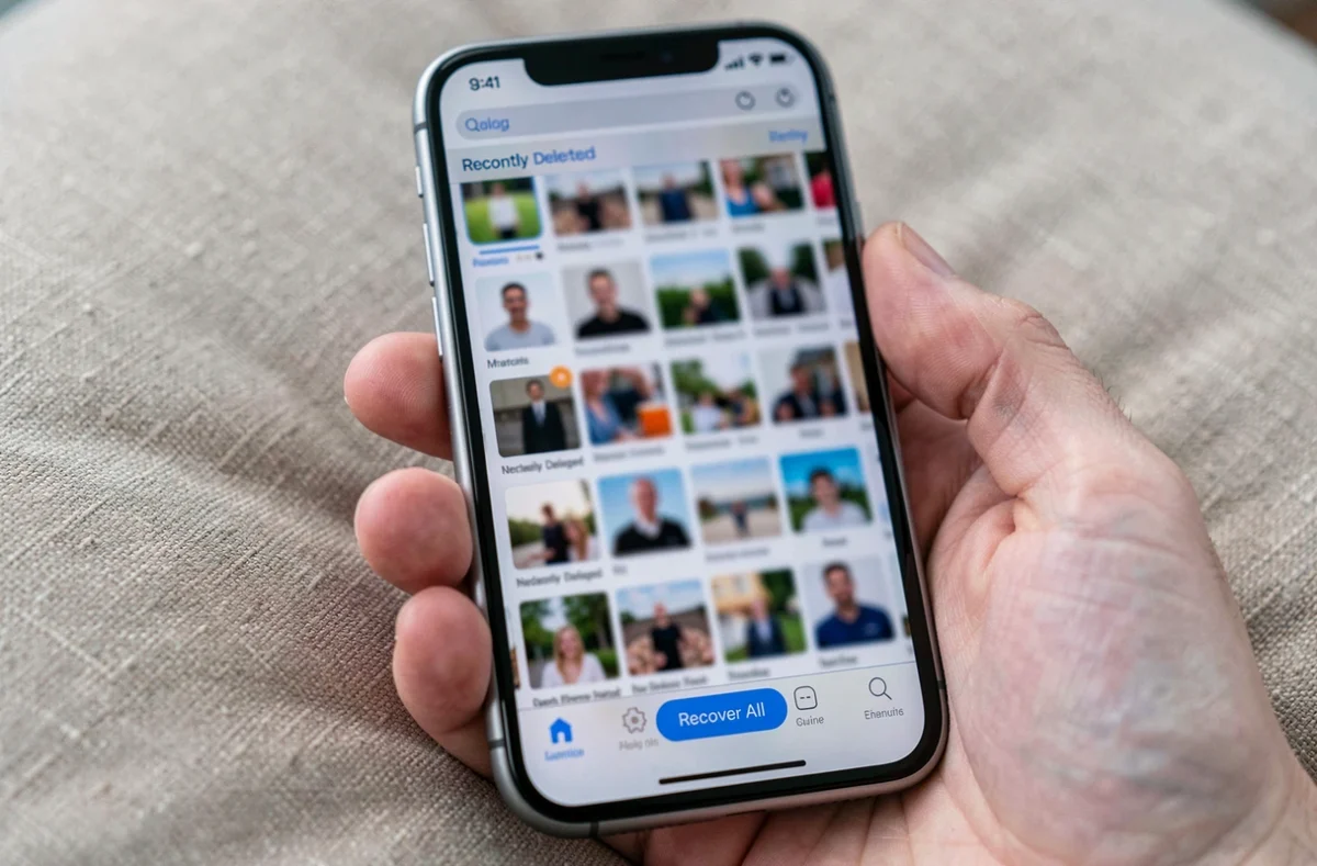 Gros plan sur un iPhone affichant l'album Récemment supprimés dans l'application Photos pour récupérer des images