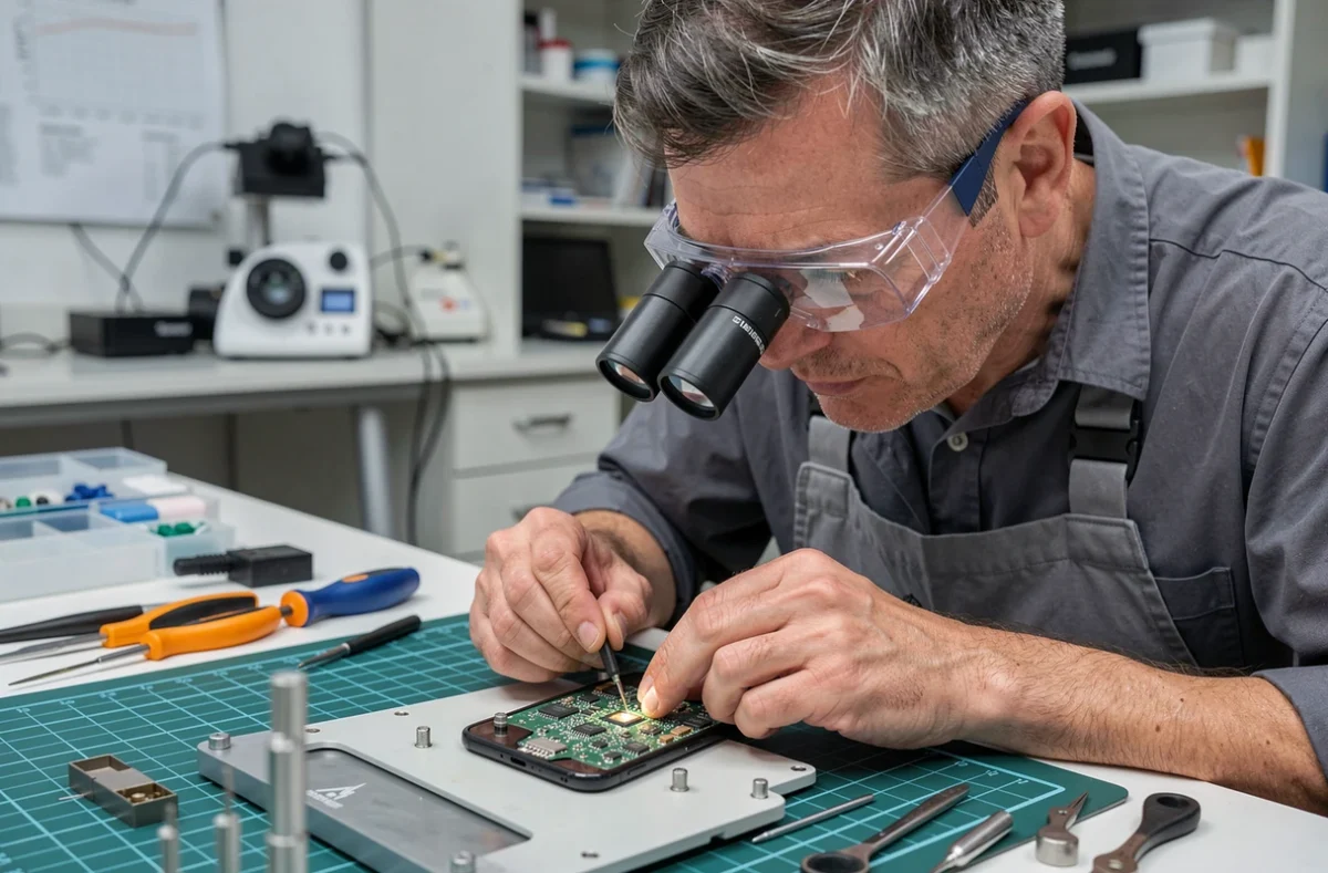 Technicien d'iRépare Toulon effectuant une micro-soudure sur une carte mère de smartphone