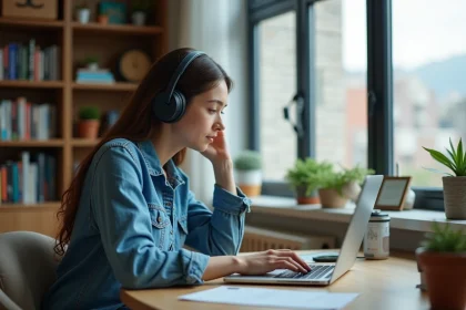 Jeune femme avec casque et ordinateur dans un appartement moderne