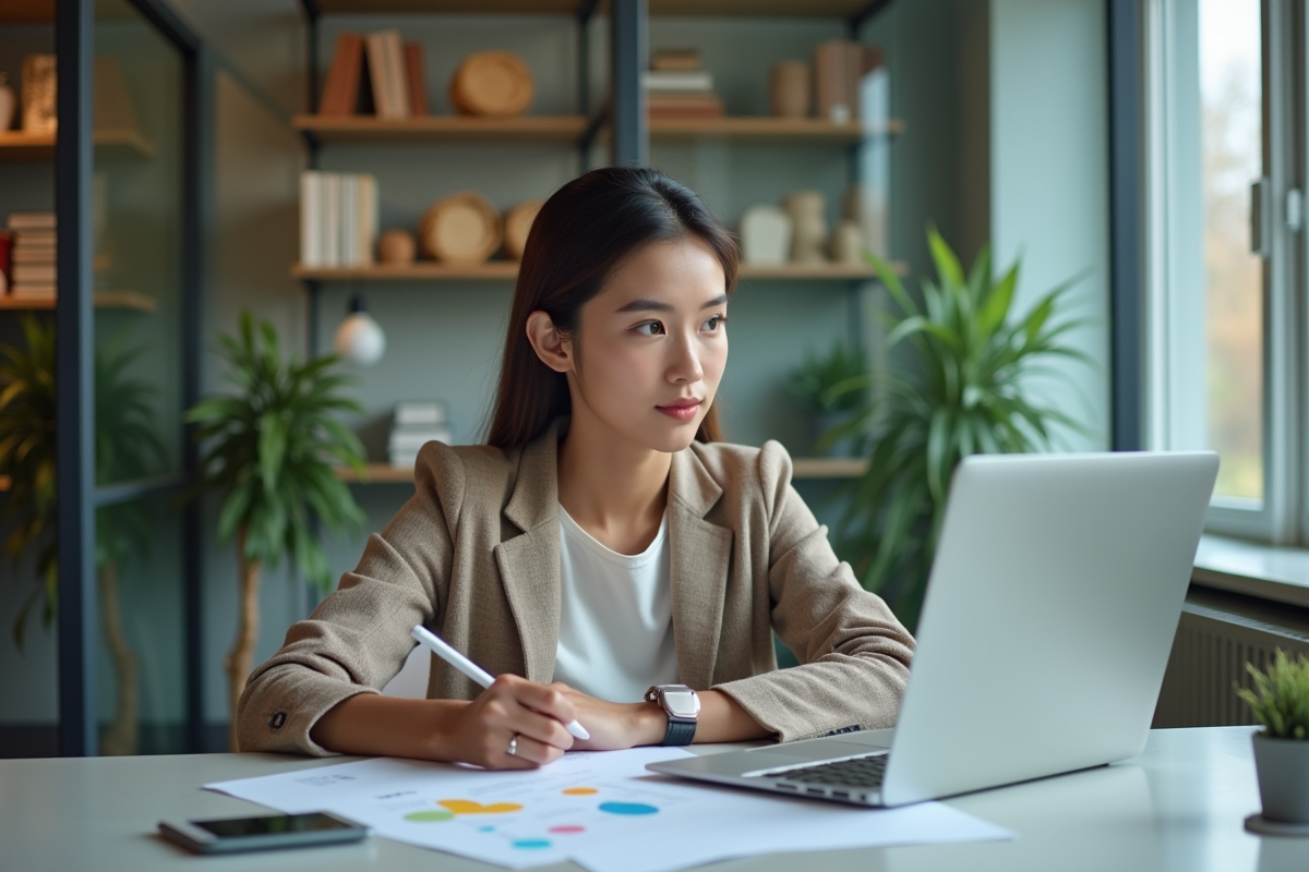 Jeune femme au bureau consulte un diagramme web