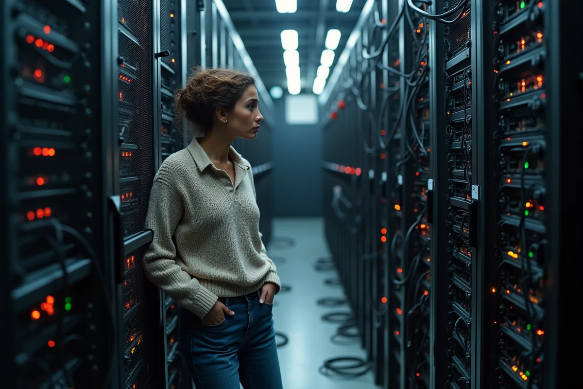 Jeune femme frustrée dans une salle serveurs avec câbles enchevêtrés