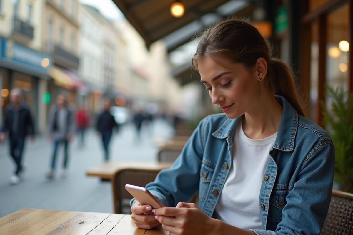Jeune femme avec téléphone classique en extérieur