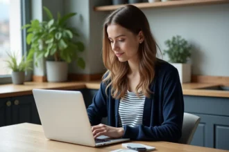 Jeune femme en cuisine moderne avec ordinateur portable