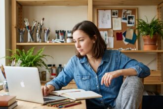 Jeune femme en denim et sweat dans un espace créatif