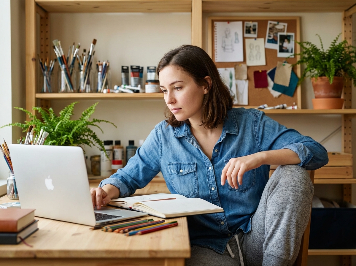 Jeune femme en denim et sweat dans un espace créatif