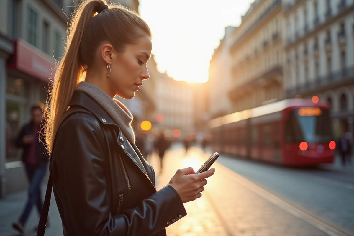 Jeune femme vérifiant ses emails sur son smartphone dans la rue à Lyon