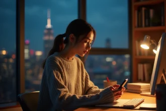 Jeune femme à son bureau en soirée avec smartphone