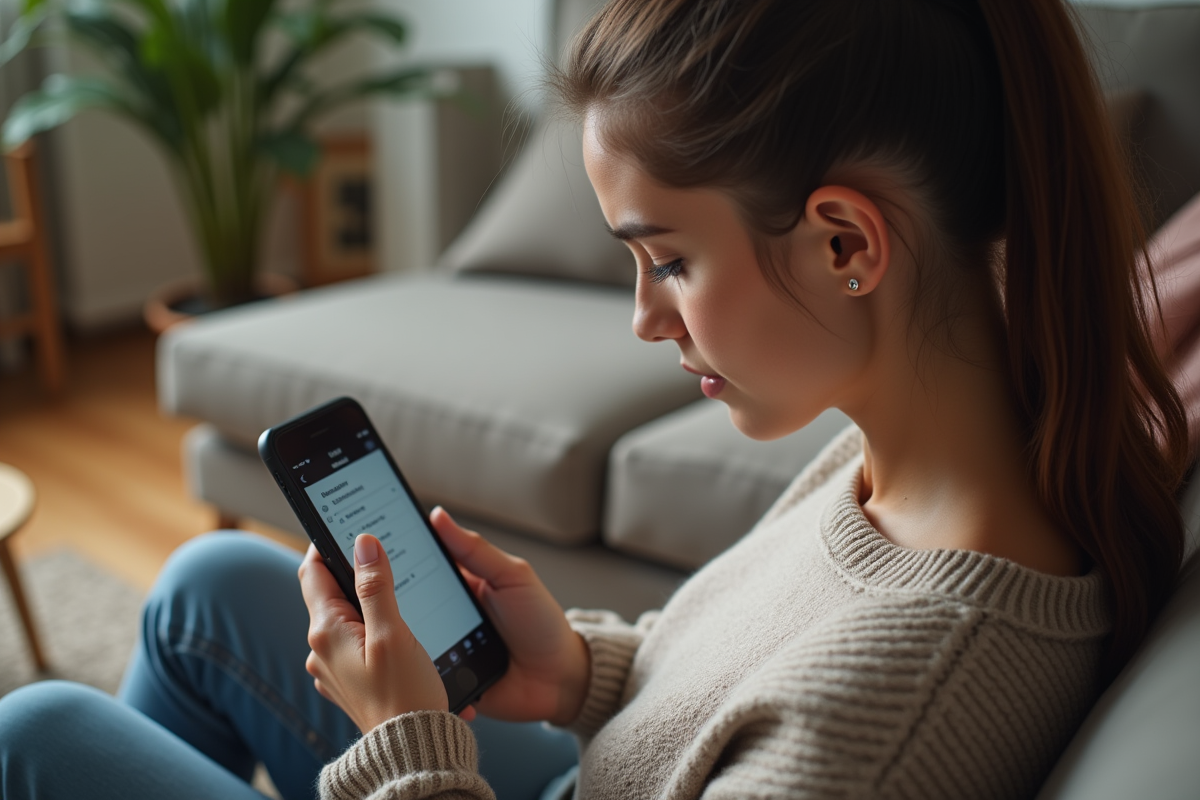 Jeune femme vérifiant ses paramètres de sécurité sur smartphone