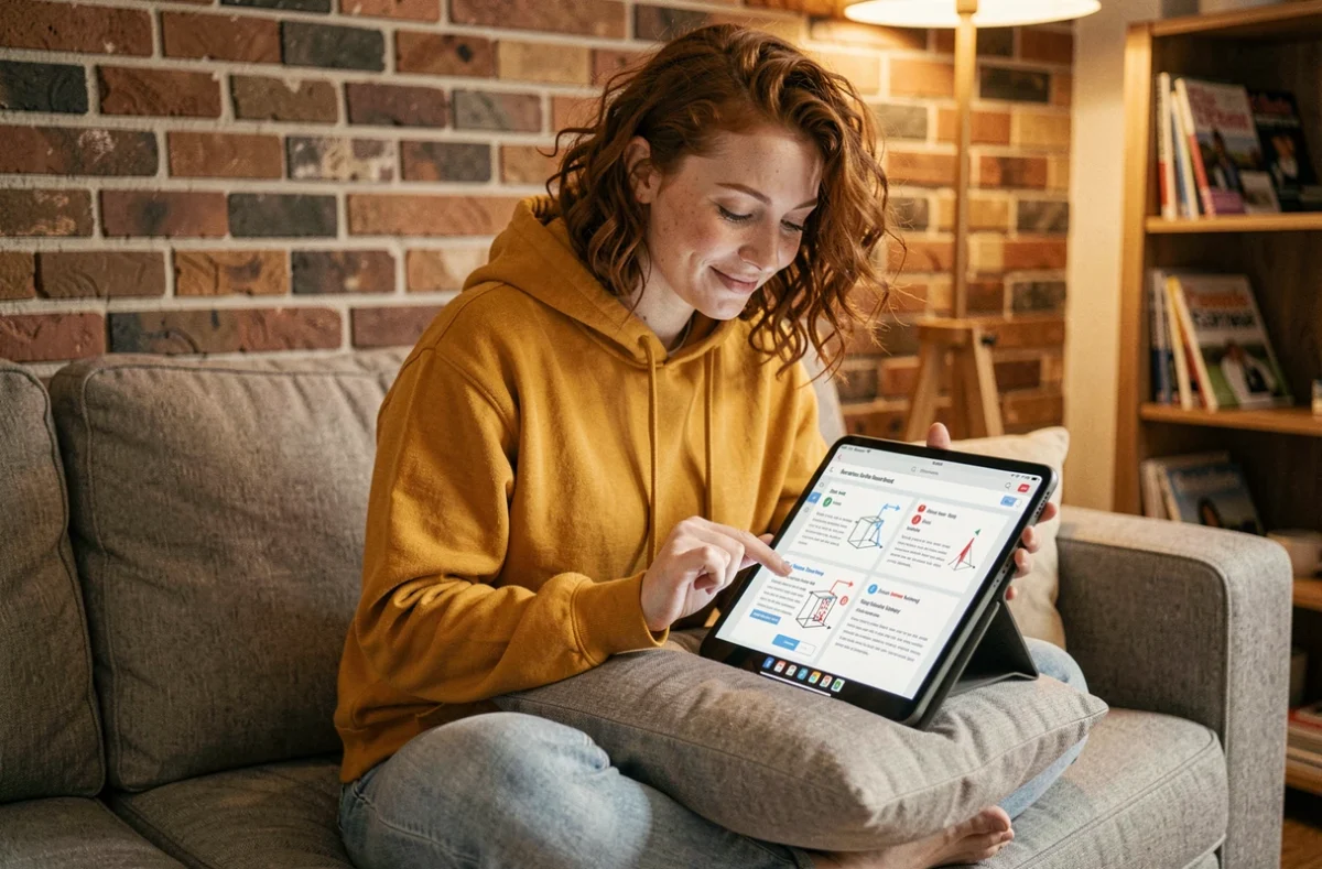 Jeune femme configurant un service en ligne via tablette depuis son canapé avec un tutoriel illustré