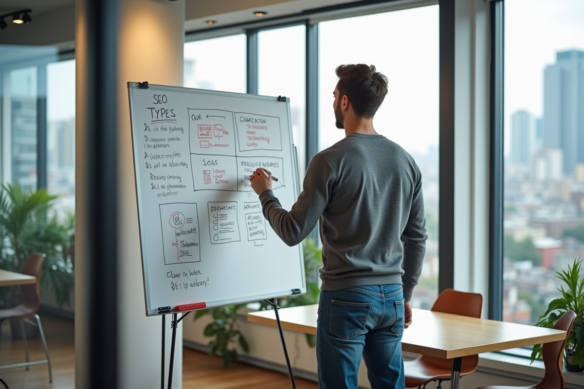 Jeune homme dessinant des types de SEO sur un tableau blanc
