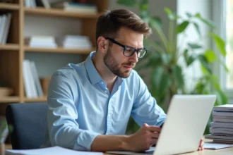 Jeune homme en bureau universitaire vérifiant ses mails